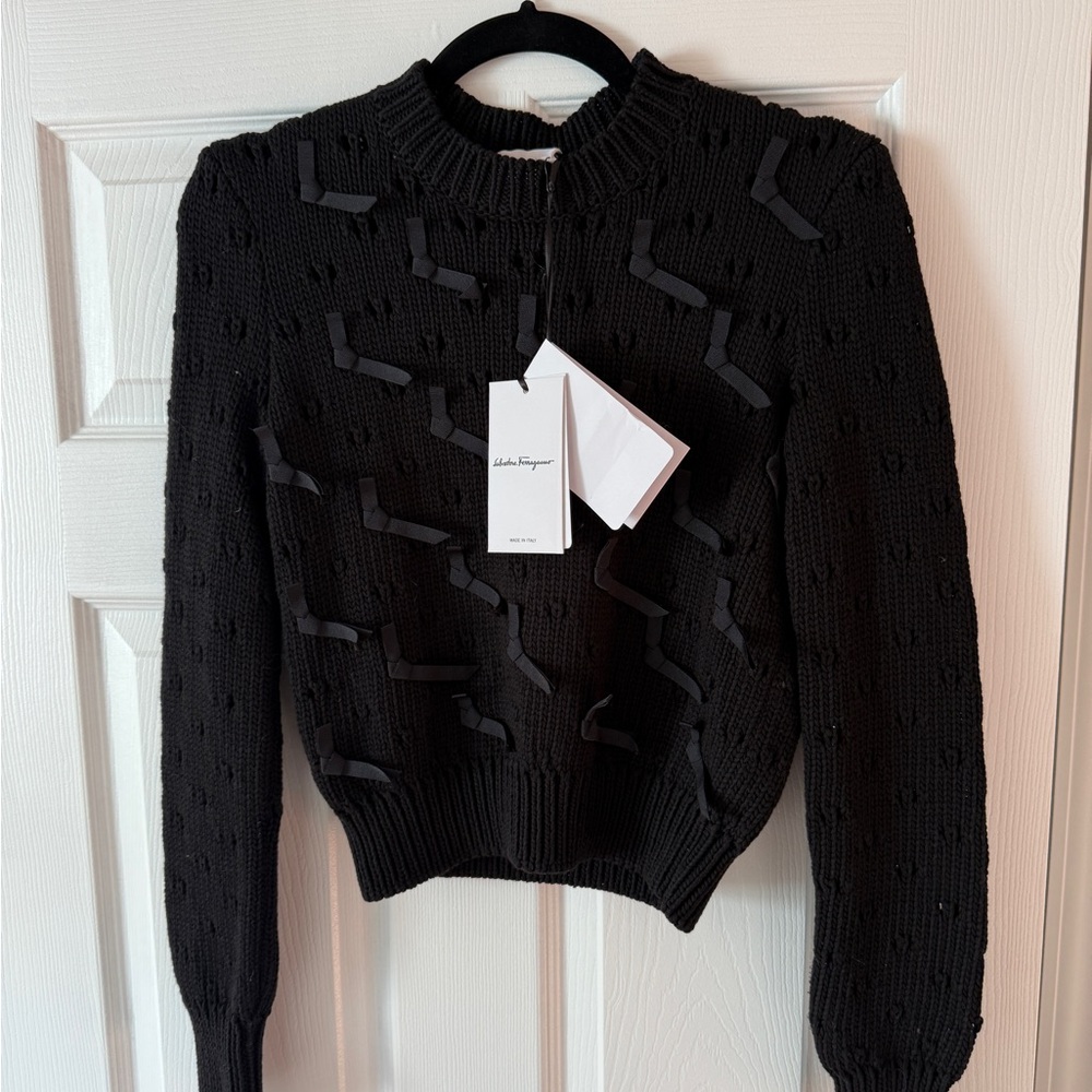 Salvatore Ferragamo Black Crew Neck Sweater with Textured Knit